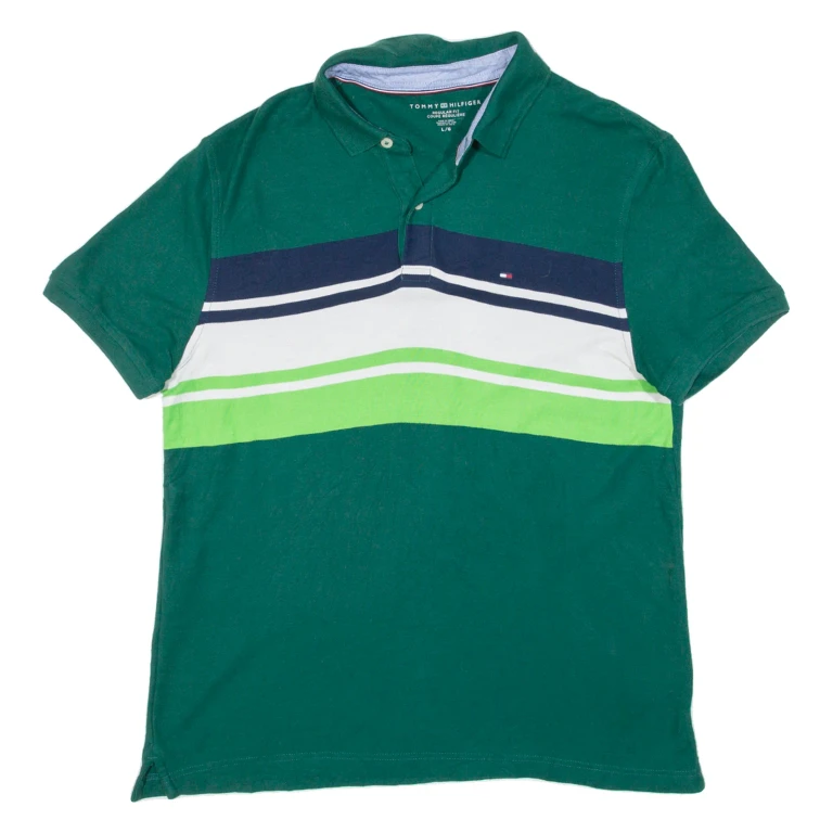 TOMMY HILFIGER Mens Polo Shirt Green Striped L