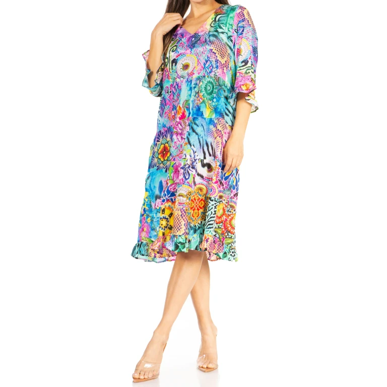 Sakkas Ozana Women's Floral Midi Cocktail Dress, V-Neck, 3/4 Sleeve