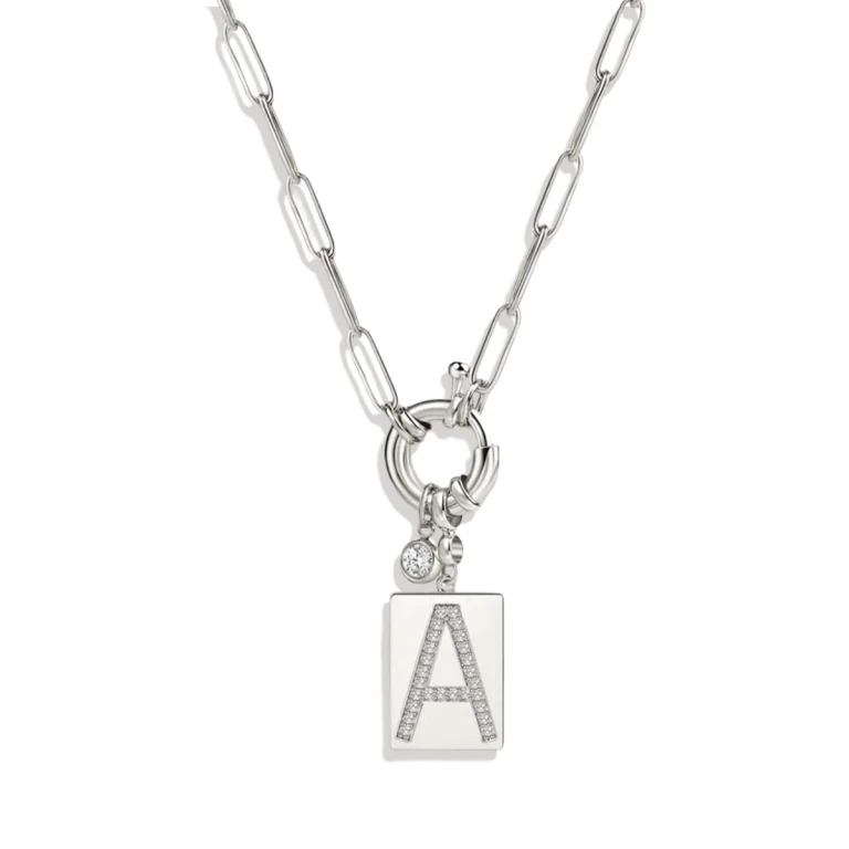 Pave Initial Pendant Necklace with Paperclip Chain