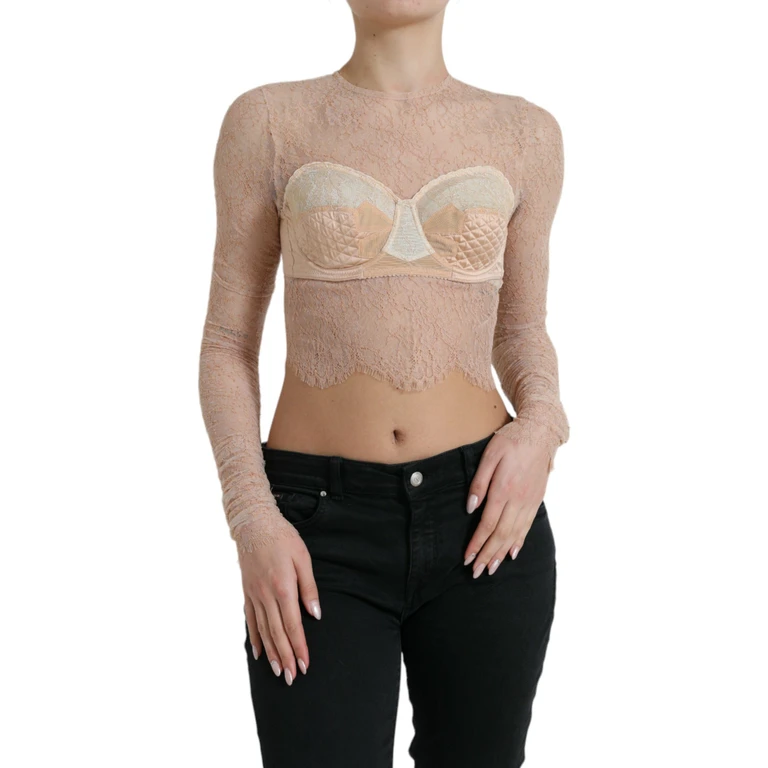 Dolce & Gabbana Beige Nylon Floral Lace Bustier Cropped Top Modal Silk - Women