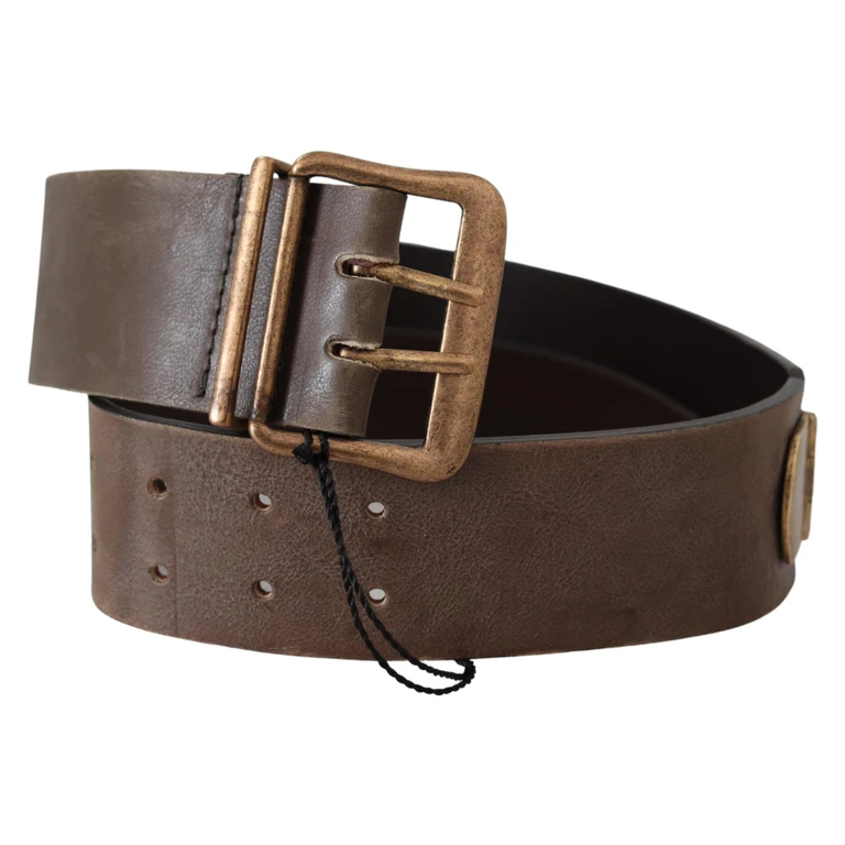 Brown Leather Wide Bronze Buckle Waist Belt - Women