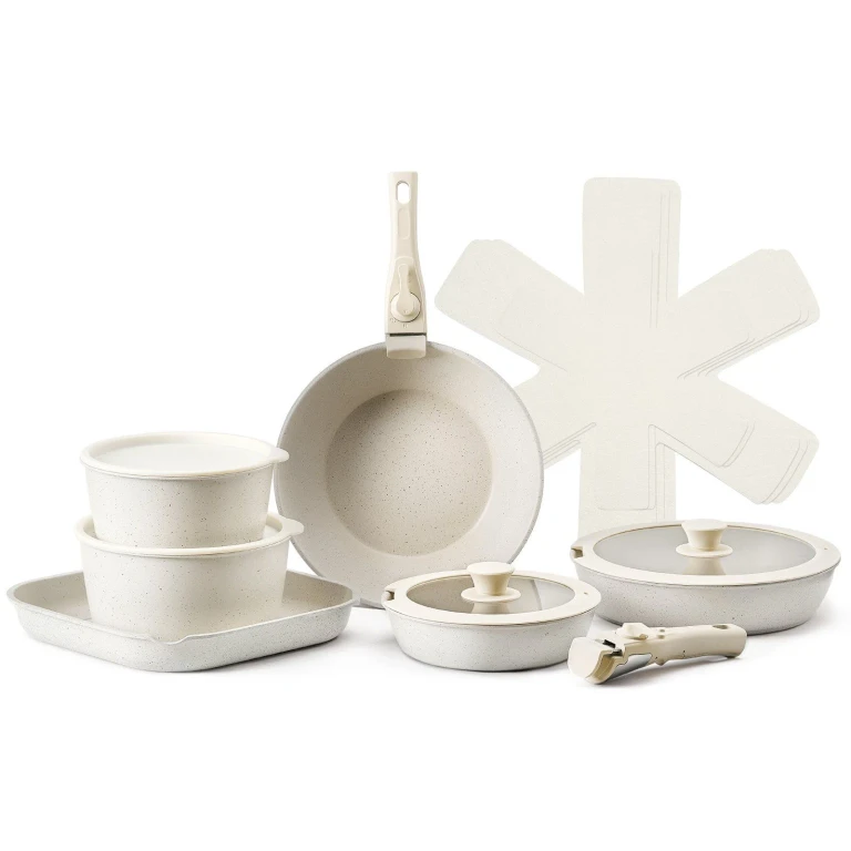 17 Piece Pots and Pans Set Granite Nonstick Kitchen Cookware Induction White - Beige