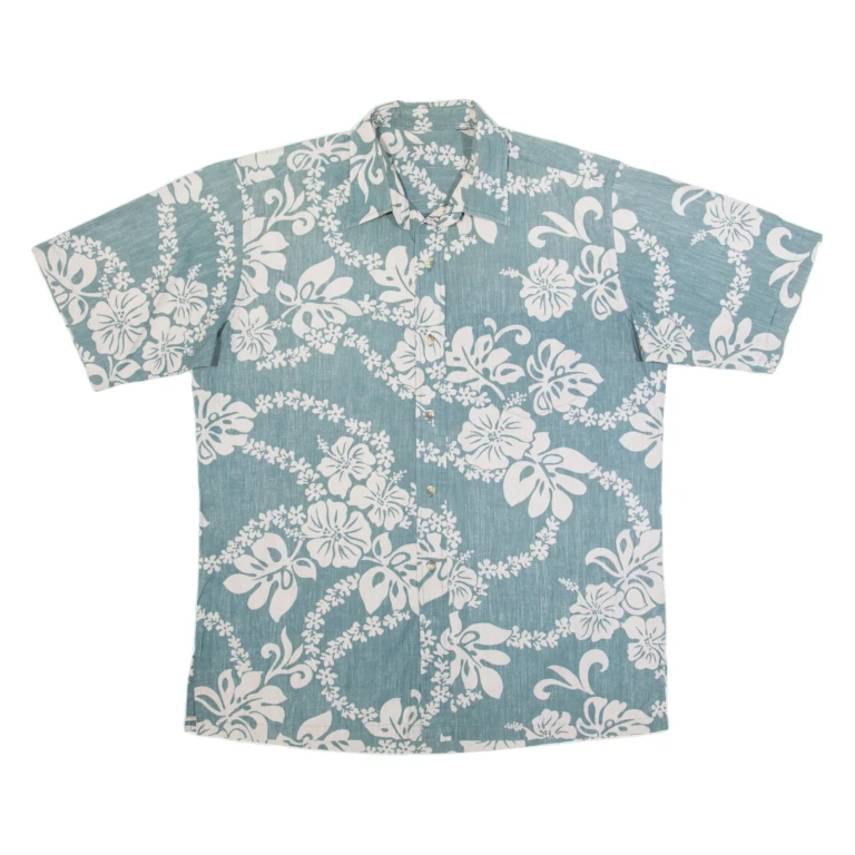 Mens Hawaiian Shirt Green 90s Floral XL