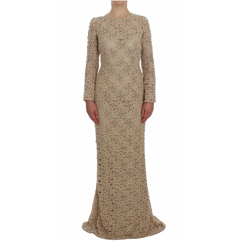 Beige Floral Lace Sheath Maxi Dress Cotton - Women