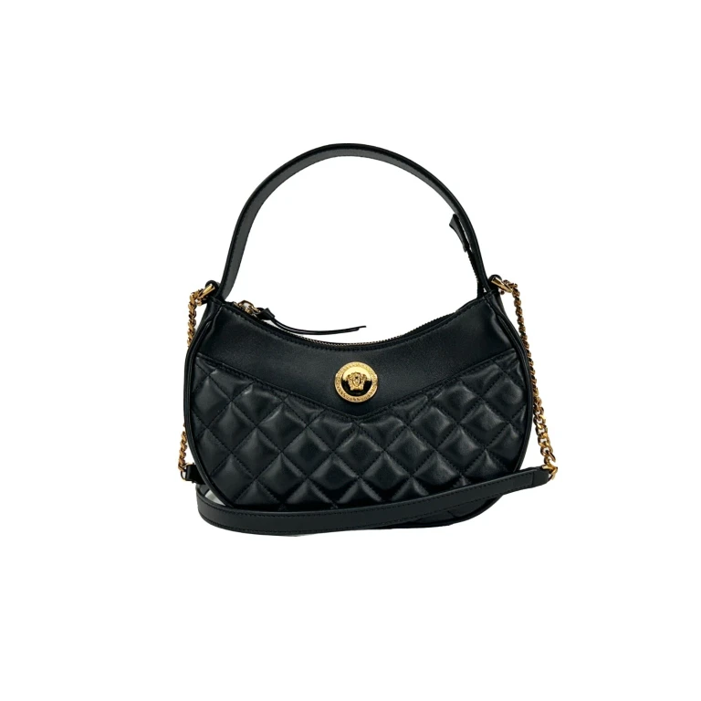 Versace Quilted Black Leather Half Moon Chain Crossbody Bag Gold - Women