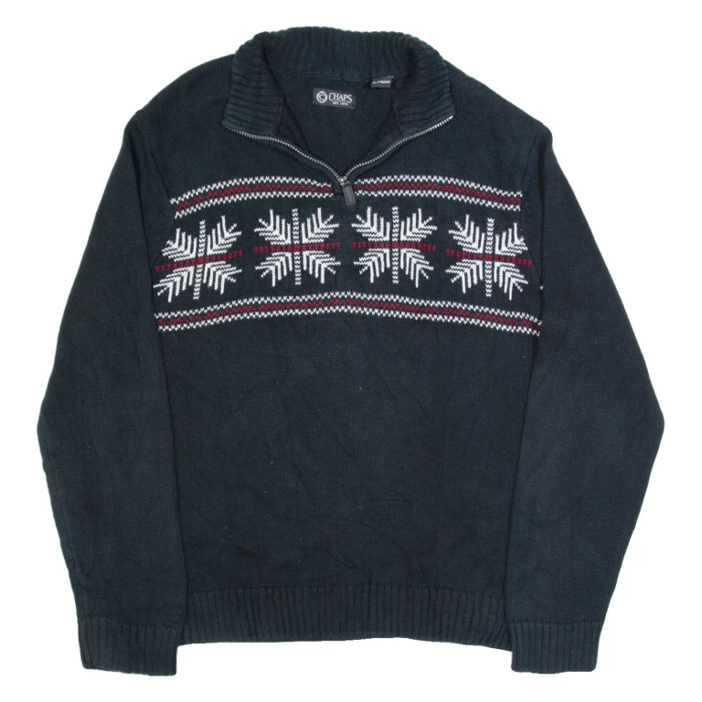 CHAPS Mens Patterned Jumper Black 1/4 Zip Tight Knit L