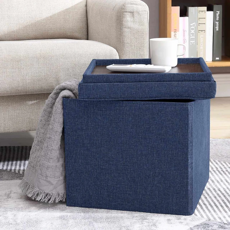 Collapsible Square Storage Ottoman with Reversible Tray Lid