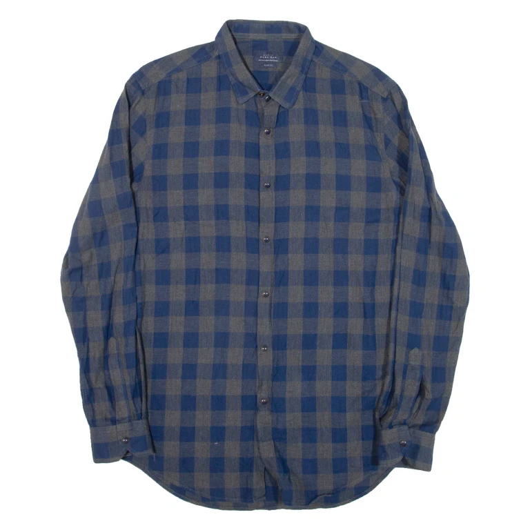 ZARA MAN Slim Fit Mens Shirt Blue Check Long Sleeve L