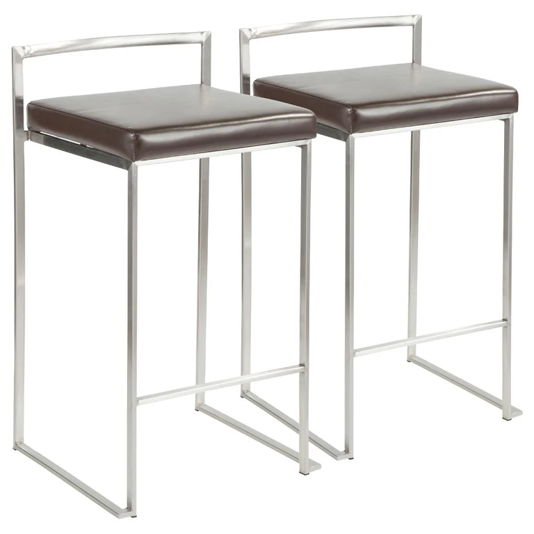 Fuji Low Back Stainless & Brown Faux Leather Counter Stools, Set of 2