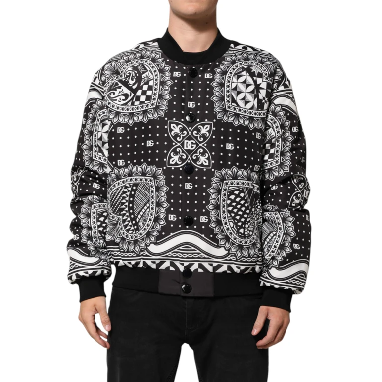 Black White Bandanaprint Men Bomber Jacket And Polyester Clothing - Men