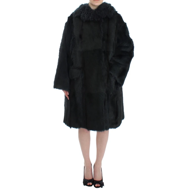 Black Goat Fur Shearling Long Jacket Coat Goatskin Clothing - Women