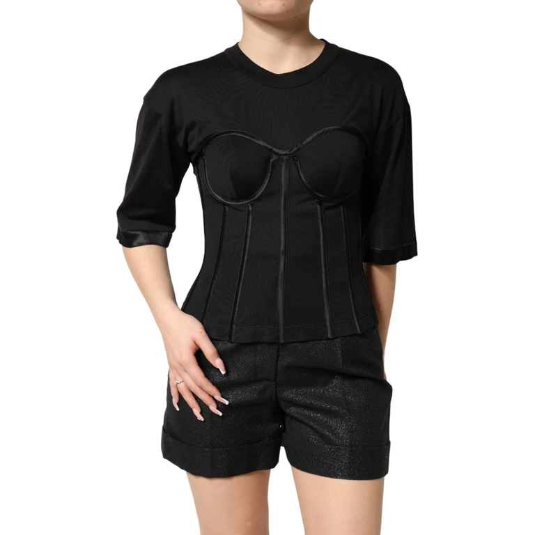 Black Cotton Bustier Corset Short Sleeves T-Shirt Co+se - Women