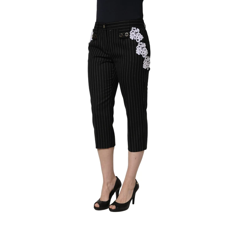 Black Lace Applique Pinstripe Cropped Pants Wool Polyester - Women