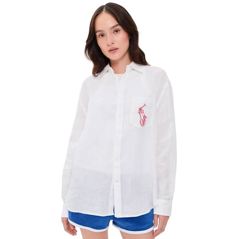 Polo Ralph Lauren Embroidered Pocket Linen Button Down Classic Oxford White M