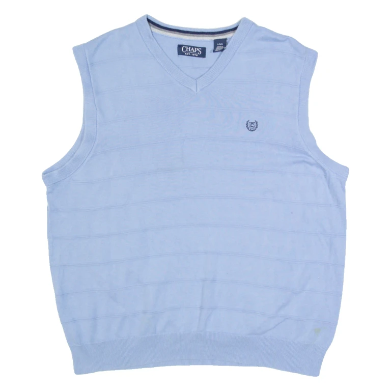 CHAPS Mens Patterned Vest Blue Striped V-Neck Tight Knit Sleeveless L