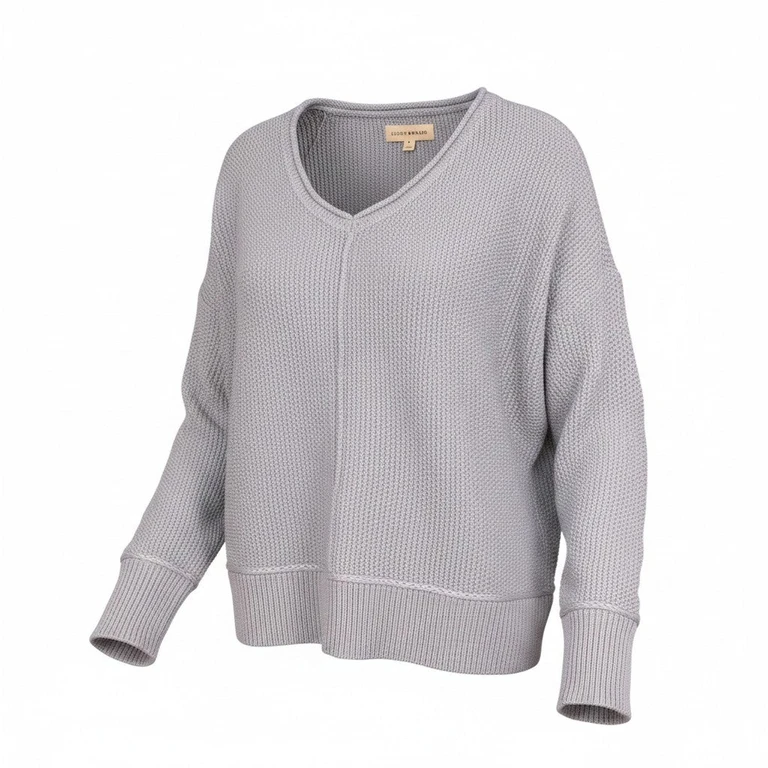 [163381-430] Womens Lucky Brand L/s Solid Textured V Nk (5gg) - Dusty Blue