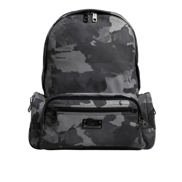 Dolce & Gabbana Gray Cotton Camouflage Logo Plaque Backpack Bag - Men