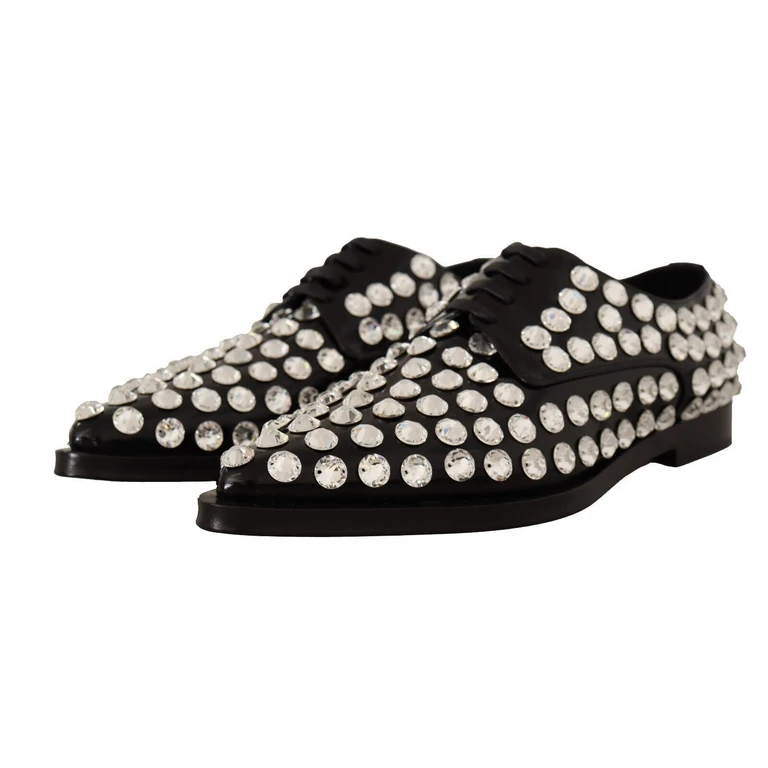 Dolce & Gabbana Black Leather Crystals Lace Up Formal Shoes - Women