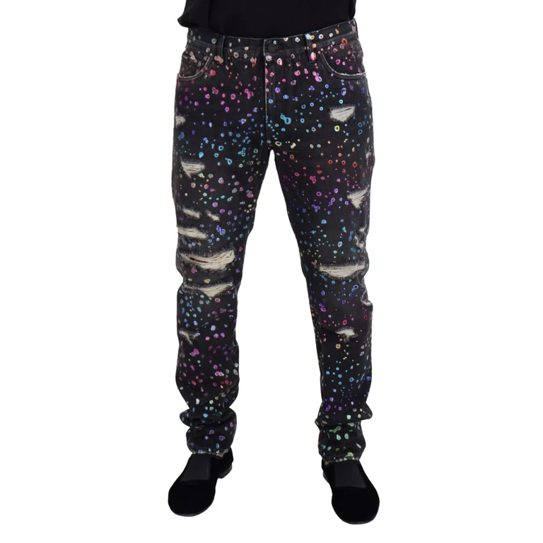 Dolce & Gabbana Black Multicolor Print Tattered Denim Jeans Cotton Clothing - Men