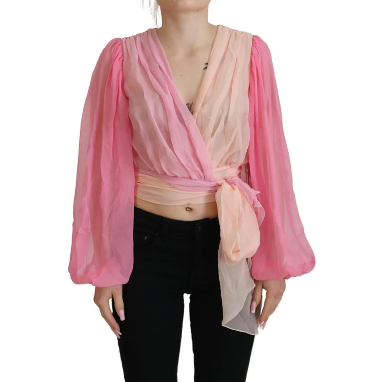 Pink Silk Wrap Long Sleeves Blouse Top - Women