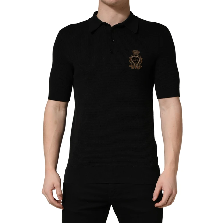 Black Heraldic Crest Patch Silk Polo T-Shirt Cotton - Men