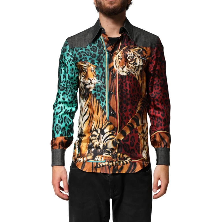 Dolce & Gabbana Multicolor Tiger Leopard Print Silk Men Shirt Co+02+se - Men