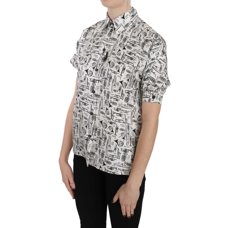 Dolce & Gabbana Trumpet Print Button Front Silk Top Blouse White - Women