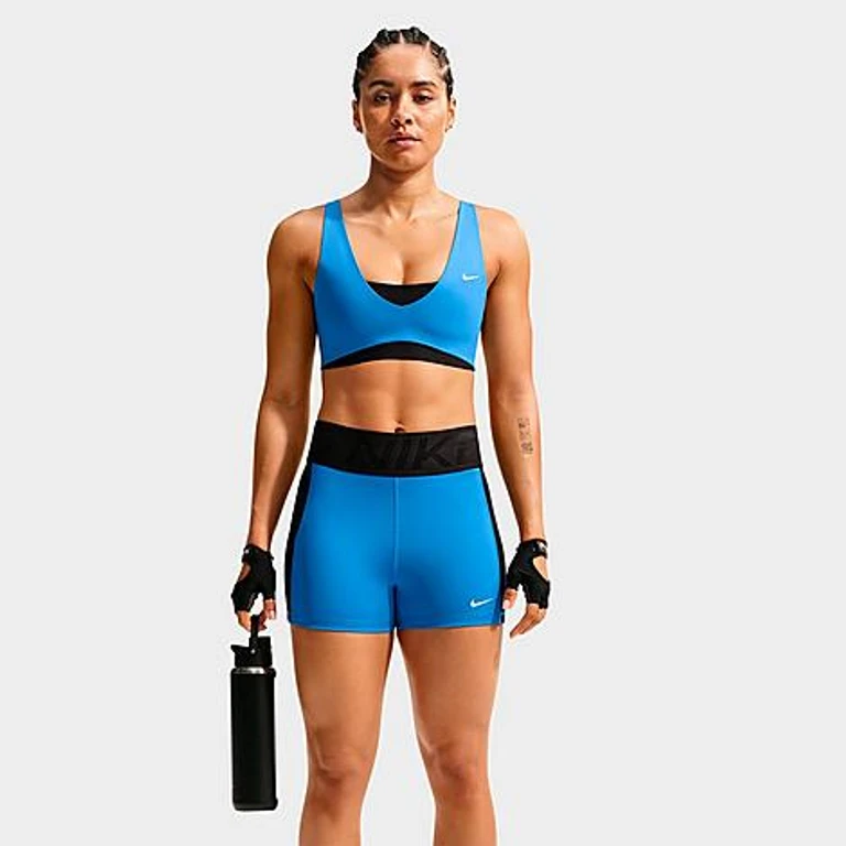 Nike Women's Pro Sculpt Medium-Support Strappy Sports Bra in Light Photo Blue/Black/White Size: XXS