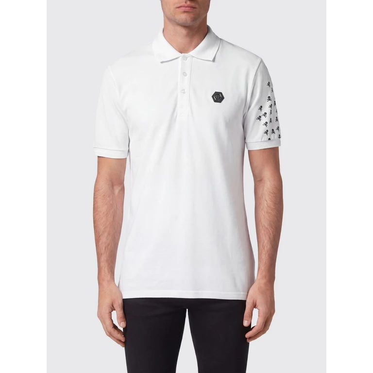 Cotton Polo Shirt with Skull Monogram Print and Hexagon Logo (SACCMTK6180PTE003N01)