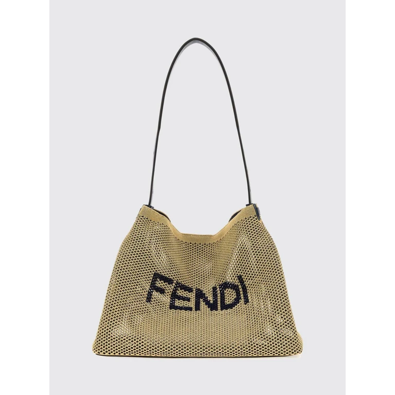 Perforated Raffia Shoulder Bag with Lettering Logo and Leather Handle (7VA670AYS1F1WKM)