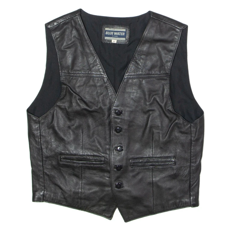 BLUE WATER Mens Waistcoat Black Leather 90s M