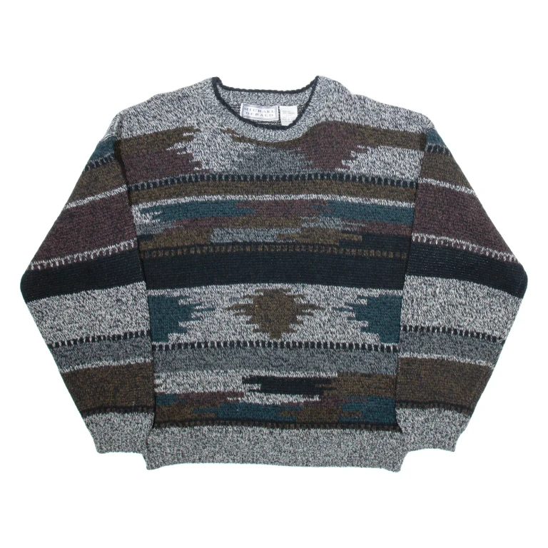 MICHAEL GERALD Mens Patterned Jumper Grey Colourblock Tight Knit L