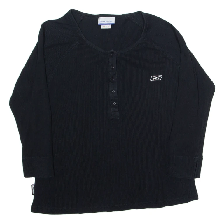 REEBOK Womens T-Shirt Black 3/4 Sleeve Button Neck UK 14
