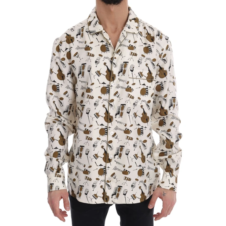 Dolce & Gabbana White Silk Jazz Motive Print Shirt - Men