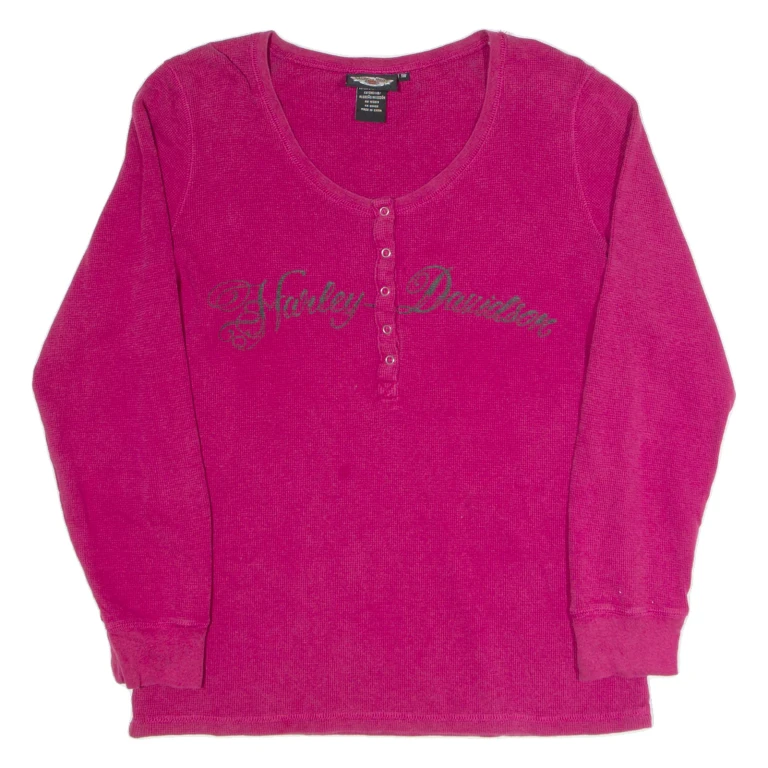 HARLEY DAVIDSON Womens Biker T-Shirt Pink Long Sleeve Button Neck L