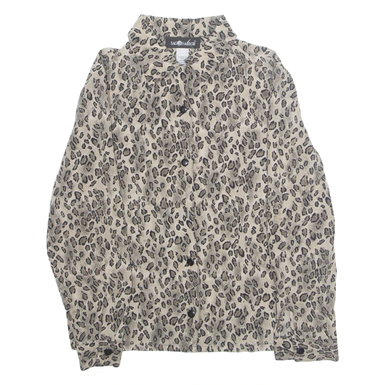 SAG HARBOR Womens Printed Blouse Brown Collared Long Sleeve Animal Print S
