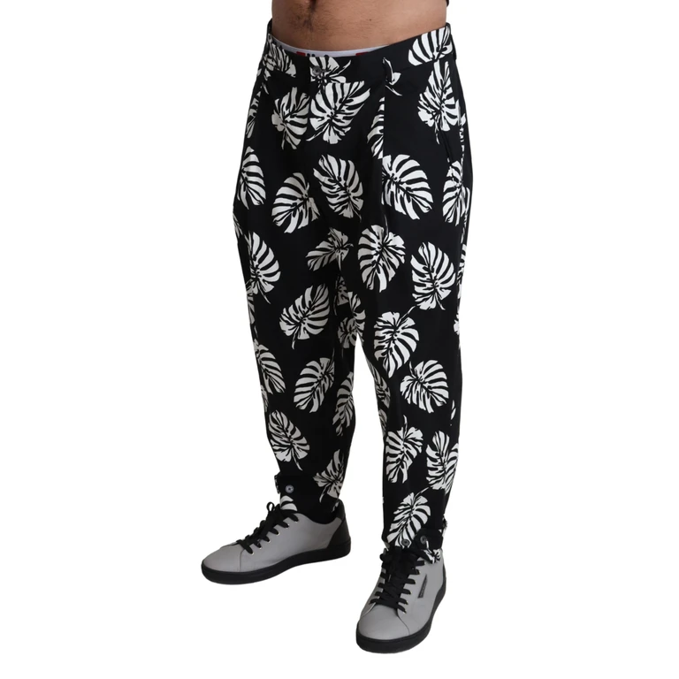 Dolce & Gabbana Black Leaf Cotton Stretch Trouser Pants Black/white Elastane - Men