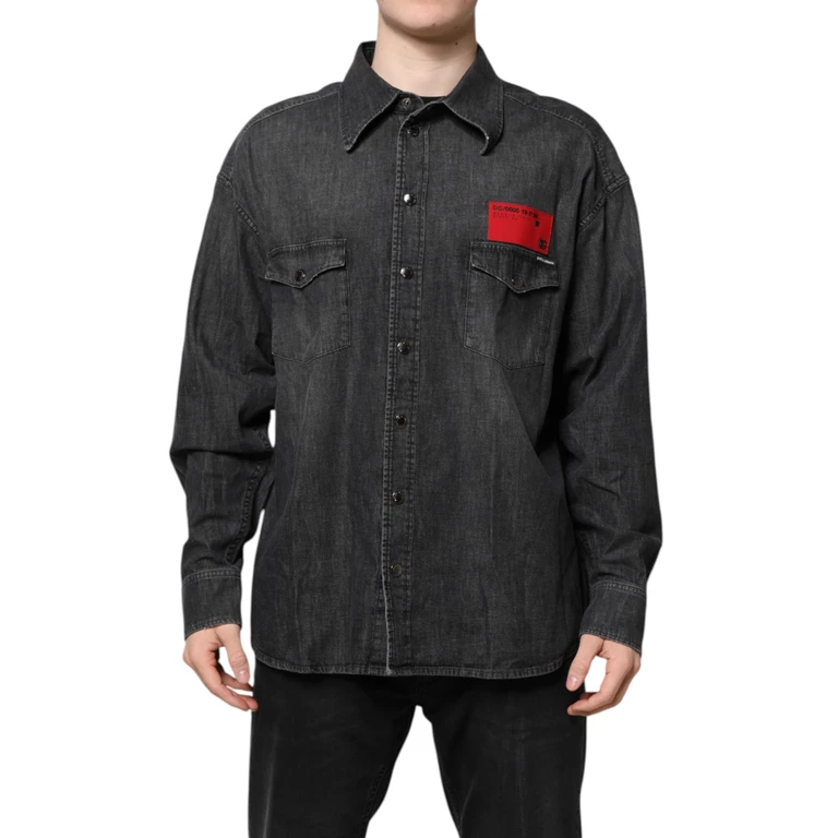 Gray Long Sleeves Button Down Denim Shirt Dark Cotton - Men