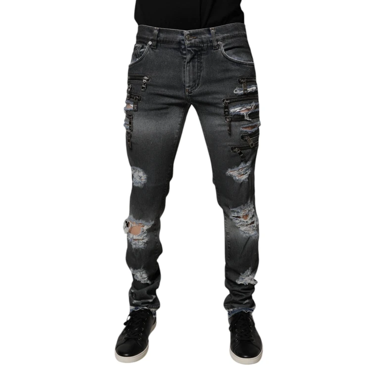 Dark Gray Tattered Cotton Skinny Denim Jeans Clothing - Men