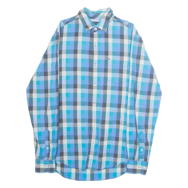 TOMMY HILFIGER Custom Fit Mens Shirt Blue Check Long Sleeve S