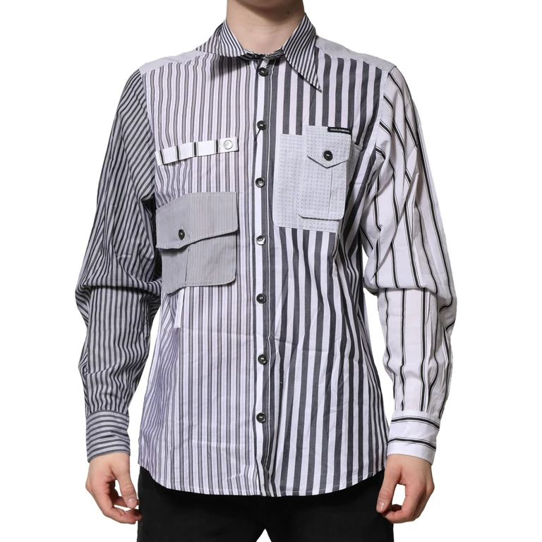 Dolce & Gabbana White Gray Striped Cotton Men Casual Shirt Nylon Elastane - Men