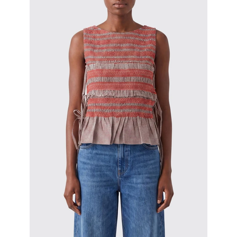 Striped Cotton Top with Tie Fastening and Flounces (A1040365979)