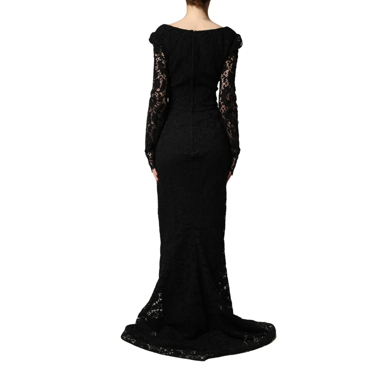 Dolce & Gabbana Black Lace Square Neck Longsleeve Maxi Dress Cotton Viscose Nylon - Women