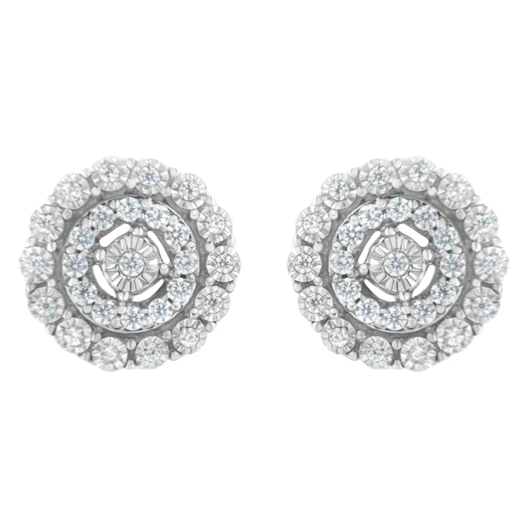 10KT White Gold 1/2 cttw Double Halo Brilliant Round-Cut Diamond Stud Earrings (I-J Clarity, I2-I3 Color)