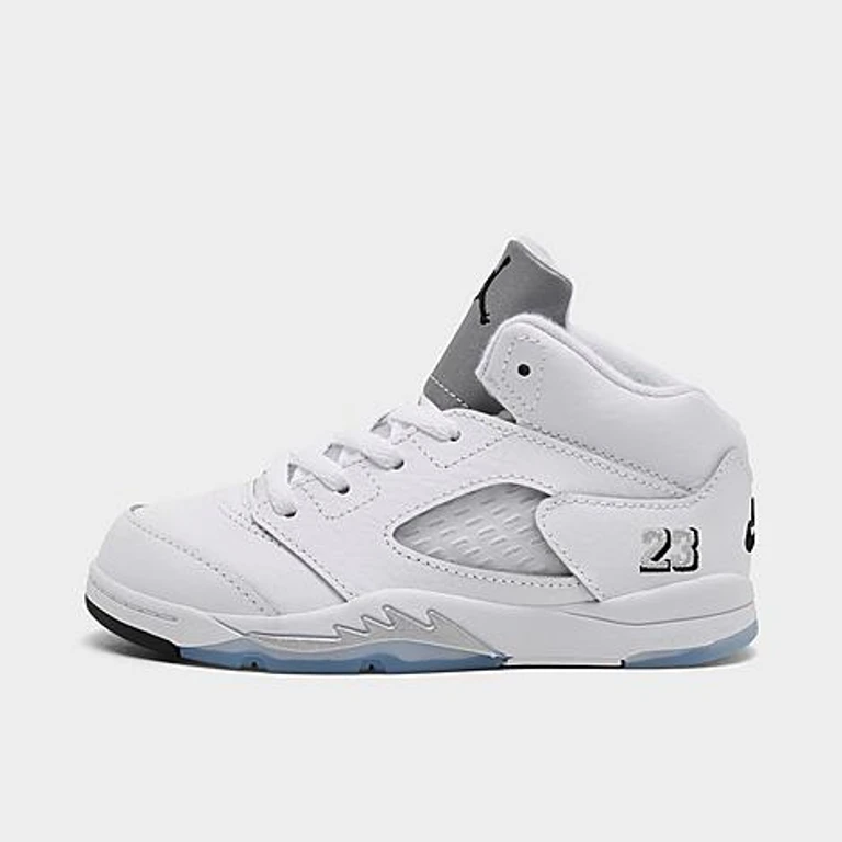 Kids Toddler Air Retro 5 Basketball Shoes in White/Metallic Silver/Black Size: 4.0
