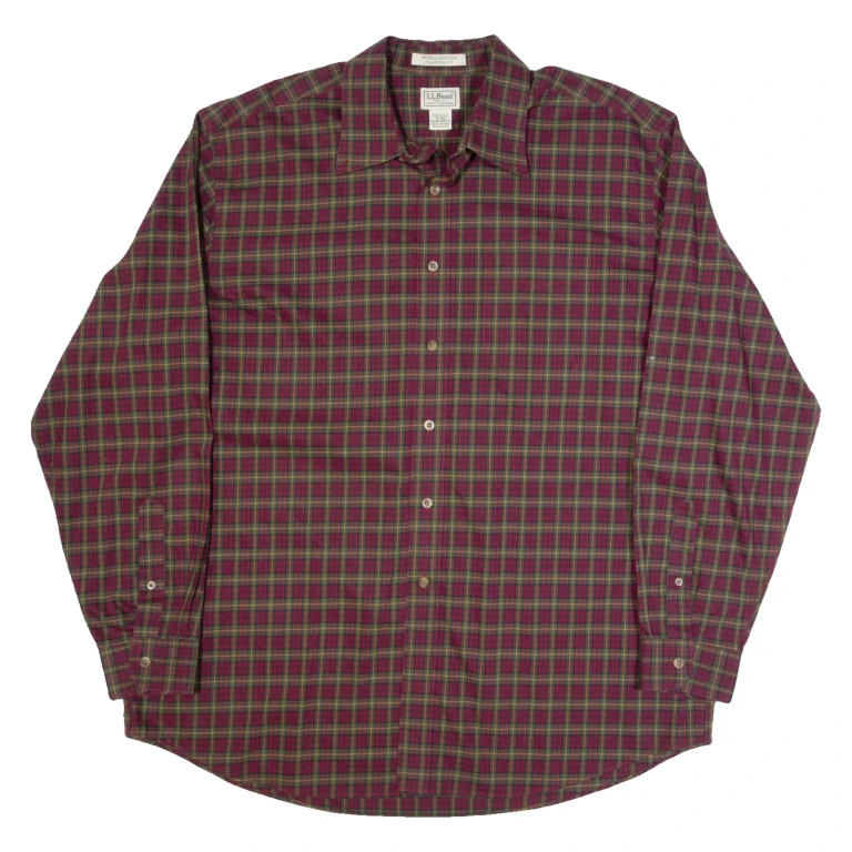 LL BEAN Mens Shirt Maroon Plaid Long Sleeve XL