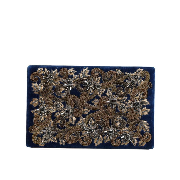 Dolce & Gabbana Blue Velvet Gold Frame Clutch Evening Party Purse Bag Cotton - Women