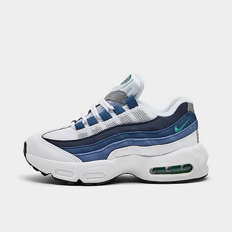 Nike Little Kids Air Max 95 Premium Casual Shoes in White/Emerald Green/Lake Blue Size: 1.0