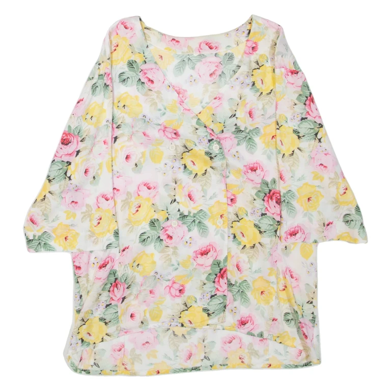 Womens Printed Top Beige V-Neck Floral XL
