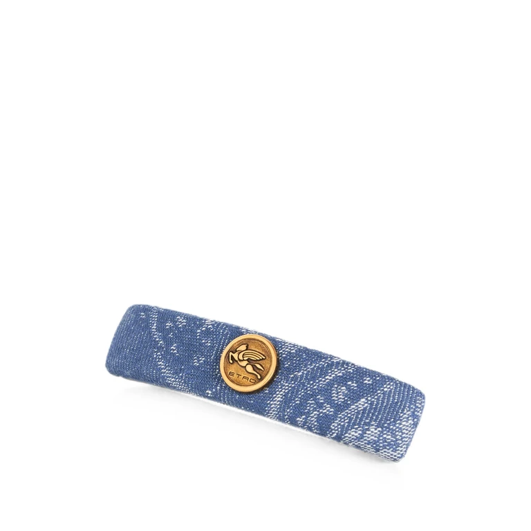 Cotton And Linen Jacquard Denim Hair Clip With Leafy Motif